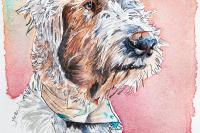 Watercolour painting of a dog's head, looking to the right. 