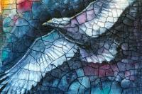 A watercolour painting of a bird with outstretched wings.