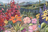A landscape painting of flowers with mountains in the background.