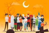 group of teens in Halloween costume