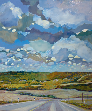 Impressionist-style painting of a prairie highway, leading to rolling hills with a blue sky and clouds above.