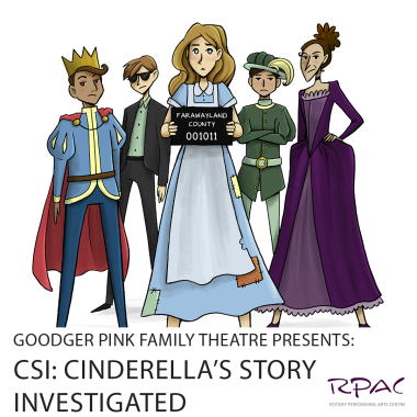 Cartoon image of Cinderella holding a police booking sign in front of the prince, her step-mother, and two other male characters.