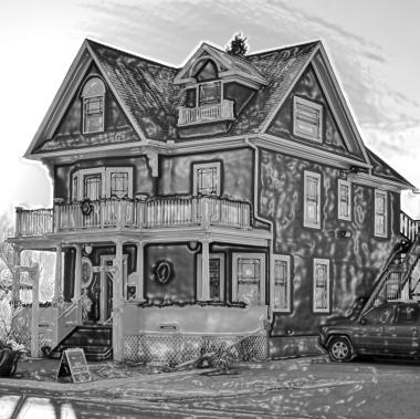 Okotoks Museum in black and white.