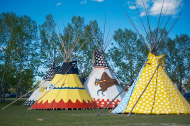 Four colourful tipis setup in field at 2024 tipi camp