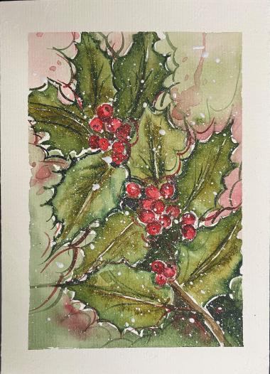 A painting of green leaves and red holly berries.